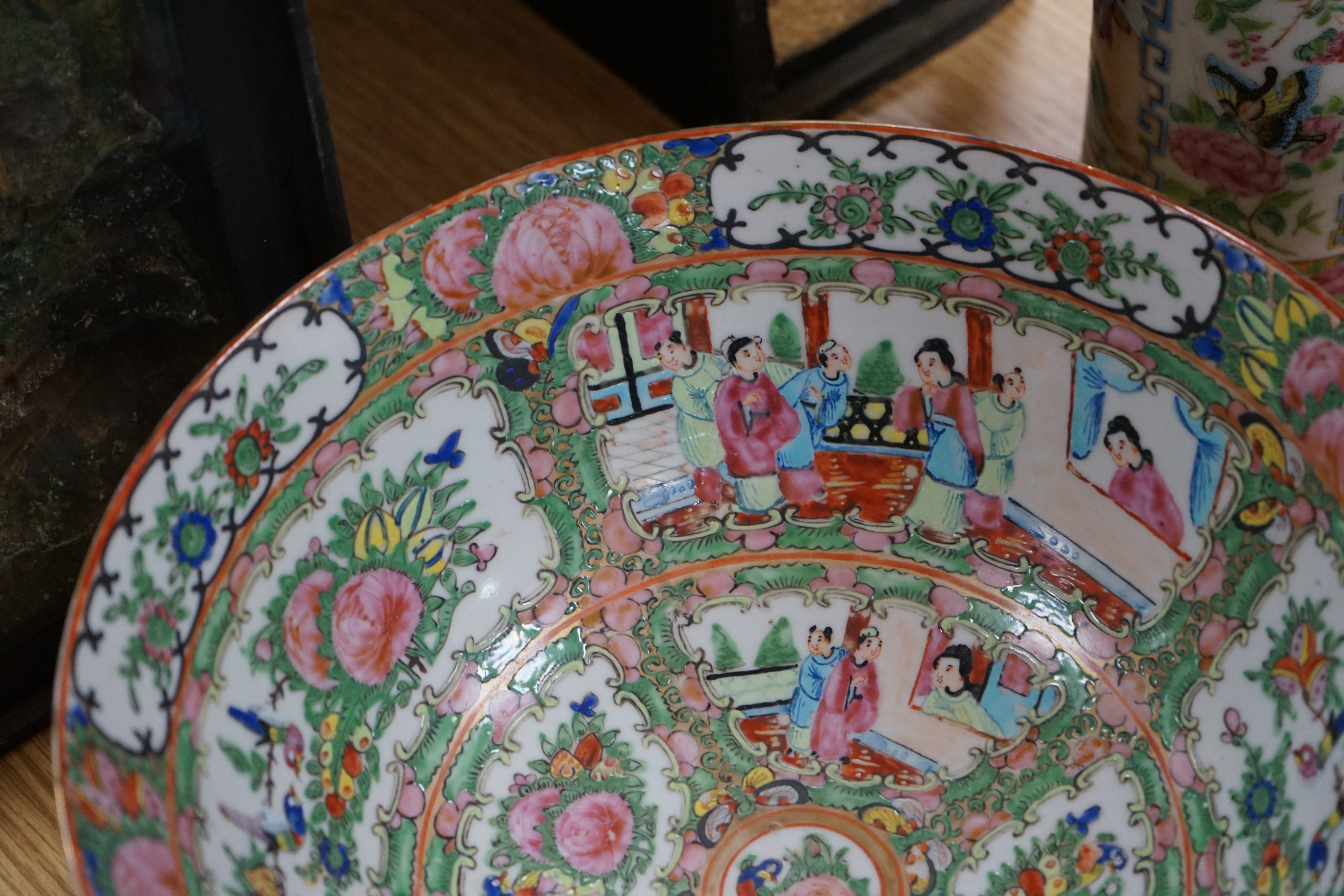 A Chinese famille rose sleeve vase, a similar bowl and a crackle glaze vase, 19th century and later, 31cm